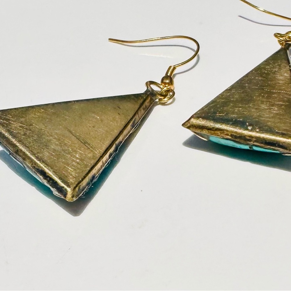 Turquoise and Coral Mosaic Brass Triangle Earrings - Picture 3 of 4